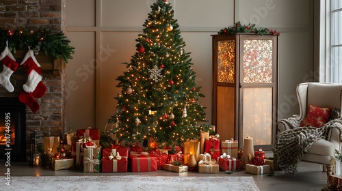 Christmas Decor with a Decorated Tree, Presents, a Fireplace, and a Chair