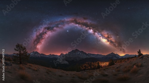 Panoramic night sky filled with the Milky Way galaxy, bright stars, and scattered space dust photo