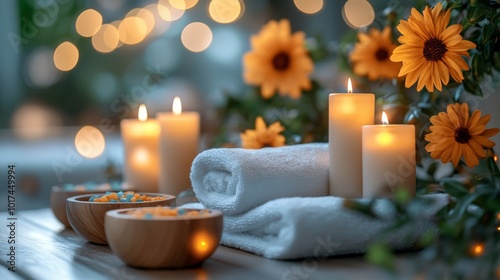 Relaxing Spa Setting with Candles and Flowers