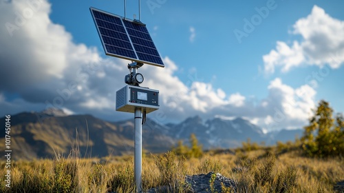 Solar-powered weather station in a mountain field under a cloudy sky