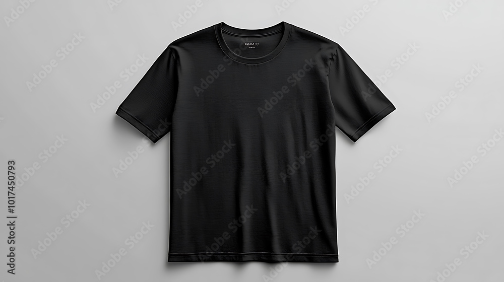A plain black t-shirt lays flat on a gray background. A plain black t-shirt lays flat on a gray background.