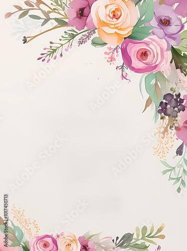 Watercolor floral border with pink, purple and yellow flowers on white background.