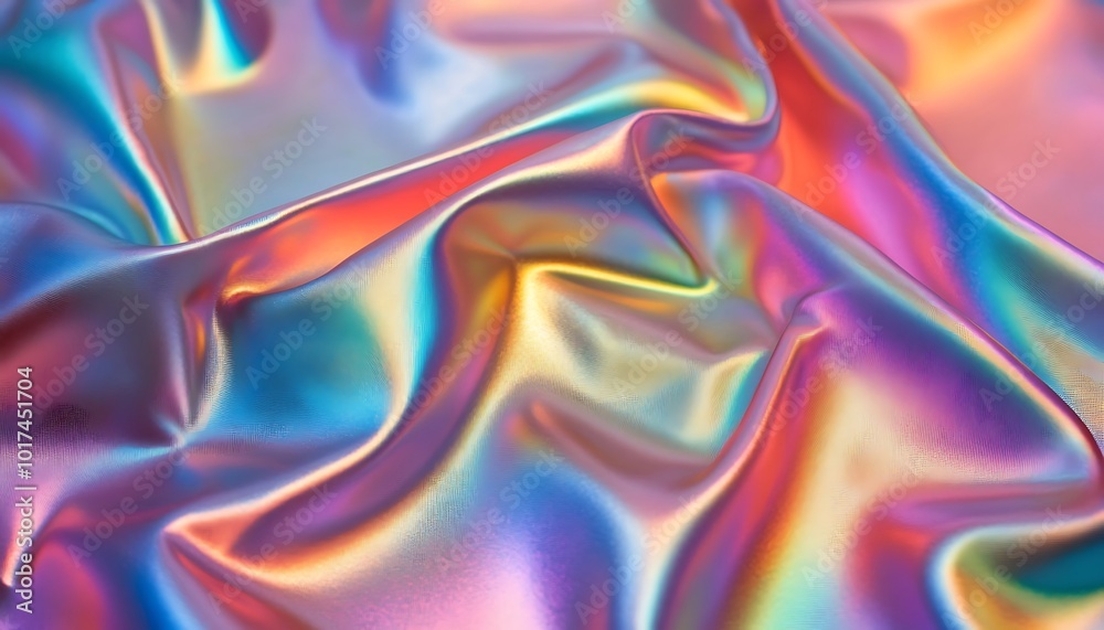 Obraz premium A vibrant, iridescent fabric showcases a mesmerizing blend of colors, creating a fluid and glossy texture that captures the light beautifully.