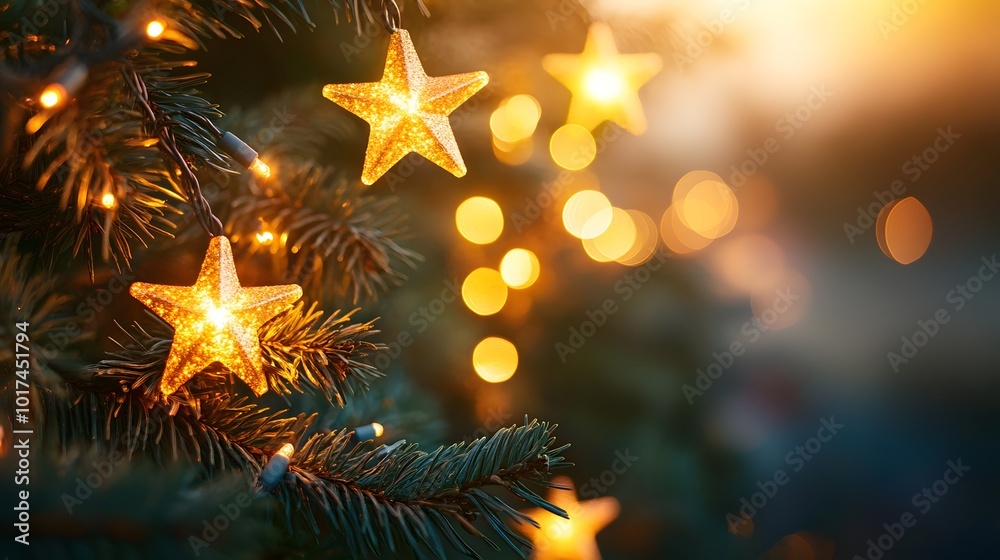 Golden Star Ornaments Adorn a Christmas Tree Branch Golden Star Ornaments Adorn a Christmas Tree Branch