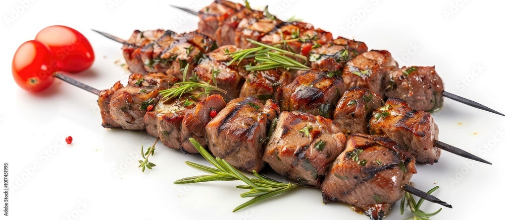Pork Kebab Prepared for Barbecue Isolated on White Background Pork Kebab Prepared for Barbecue Isolated on White Background