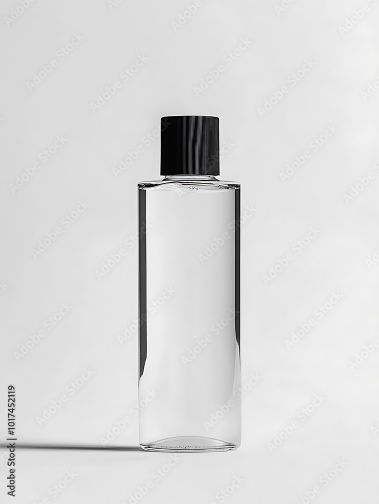 A clear glass bottle with a black lid stands tall against a white background. A clear glass bottle with a black lid stands tall against a white background.