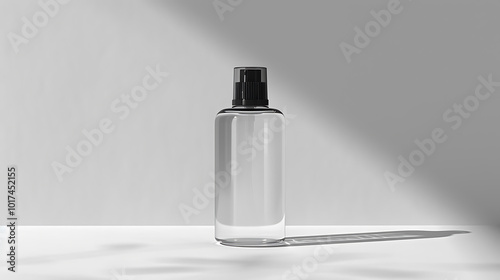 A clear glass bottle with a black pump top, resting on a white surface with a long shadow cast to the right.