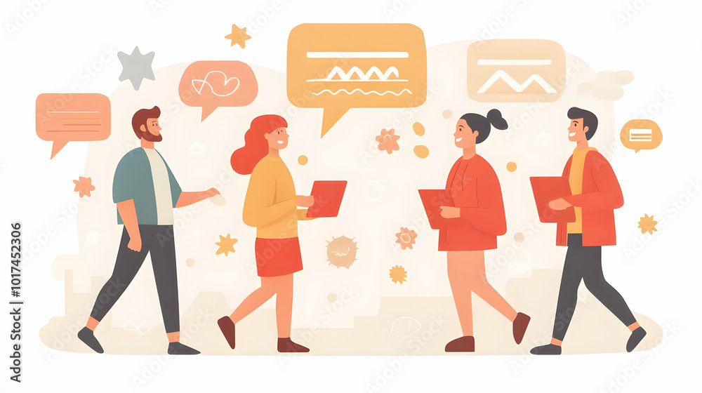 Four People Walking and Talking with Speech Bubbles Illustration Four People Walking and Talking with Speech Bubbles Illustration