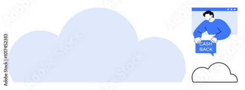 Large light blue cloud with man holding cashback sign in upper right. Ideal for cloud computing, finance, online banking, e-commerce, digital savings. Simple and clean style