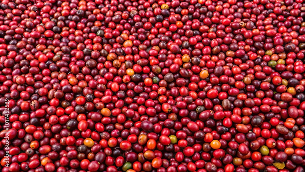 Aerial view of red berries coffee bean drying process under sunlight