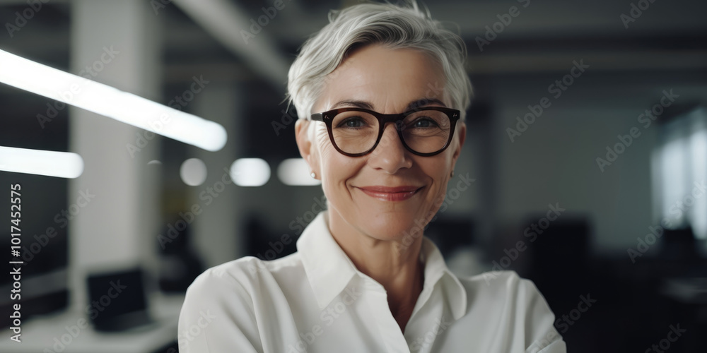 Portrait of Smiling Mature Businesswoman in Eyeglasses Looking at Camera in Office. Woman at Work Portrait of Smiling Mature Businesswoman in Eyeglasses Looking at Camera in Office. Woman at Work