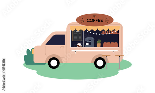Mobile coffee shop in food truck vector illustration
