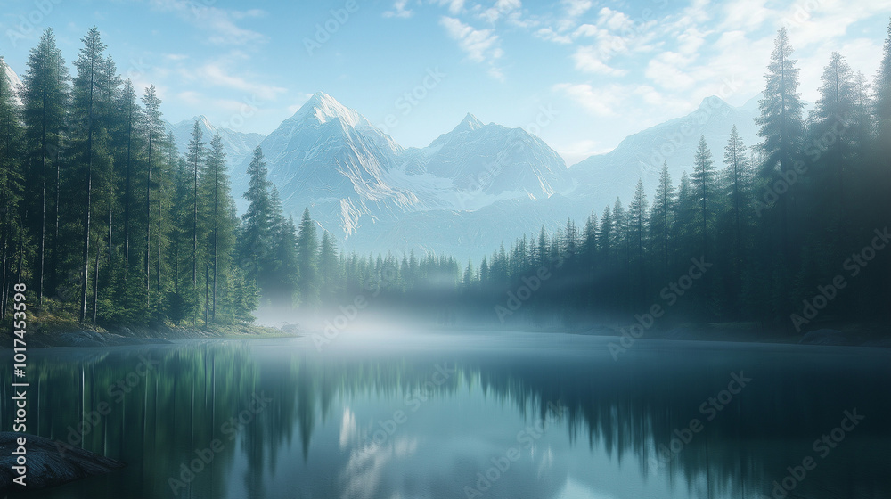 Misty Mountain Lake with Reflection Misty Mountain Lake with Reflection