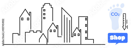 Minimalist cityscape featuring various tall buildings. Blue footprint with CO2 and down arrow suggest reducing carbon footprint. Blue shopping symbol included. Ideal for urban living sustainability