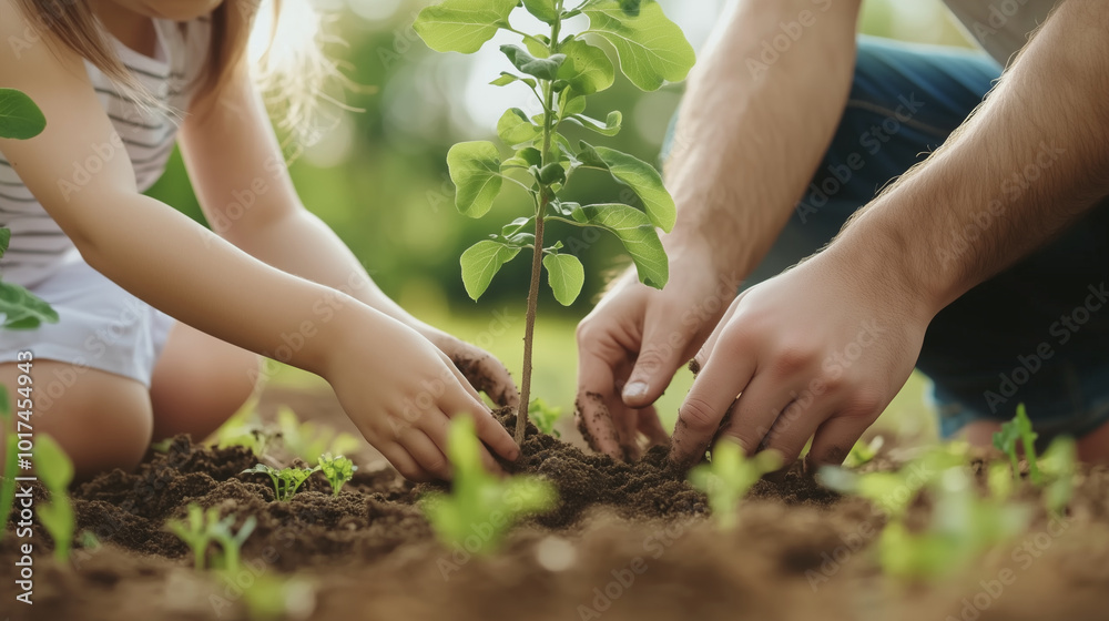 Fototapeta premium Parents and kids planting trees in a backyard, hands in the soil, focus on nature and bonding.