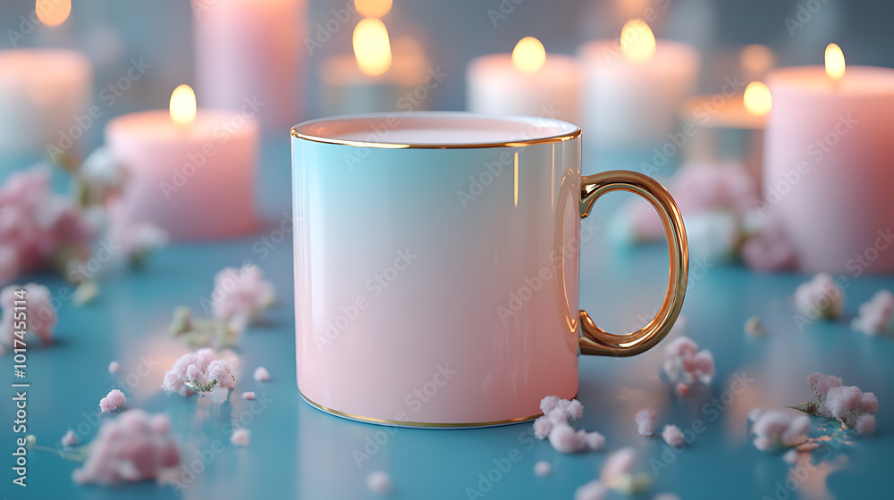 A pink and blue ombre mug with a gold rim and handle sits on a blue table with pink flowers and candles. A pink and blue ombre mug with a gold rim and handle sits on a blue table with pink flowers and candles.