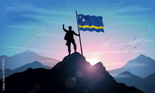 Curacao flag, silhouette of man holding flag on Sunset cliff. Vector Illustrator
