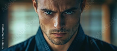 Close-up portrait of a man with intense blue eyes, looking directly at the camera.