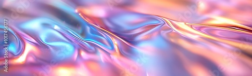 A close-up of iridescent, colorful fabric with smooth, wavy textures reflecting light in shades of blue, pink, and purple.