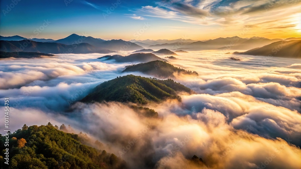 Aerial view of fog rolling through mountain range and valleys