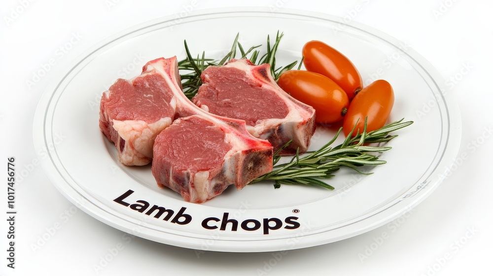 Delicious raw lamb chops with rosemary and tomatoes on a white plate Delicious raw lamb chops with rosemary and tomatoes on a white plate