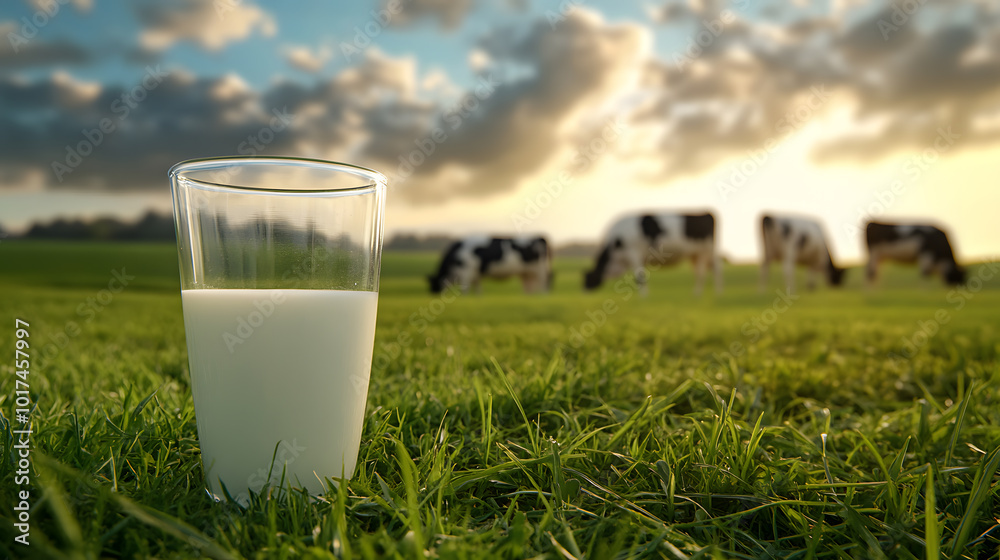 Close-up of fresh grass with a glass of milk, cows grazing in the background under a cloudy rural sky, creating a peaceful scene. Close-up of fresh grass with a glass of milk, cows grazing in the background under a cloudy rural sky, creating a peaceful scene.