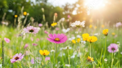 A sunlit meadow showcases colorful wildflowers and lush grass under a warming sunlight, creating a serene outdoor atmosphere