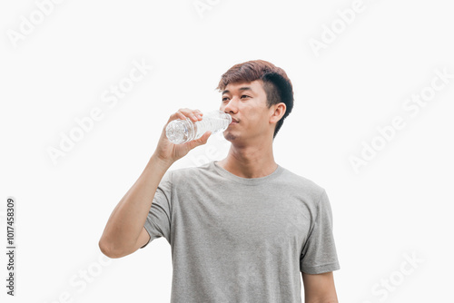 Portrait of a happy young man wearing a gray t-shirt drinking water from a bottle isolated on a gray background. healthy eating concept