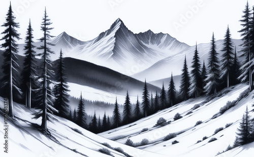 A detailed black and white illustration depicting a majestic mountain range with sharp peaks and valleys.