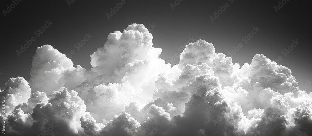 A panoramic view of a dramatic, puffy, white cloud formation against a dark gray sky. The clouds fill the entire frame and are lit from above, creating a sense of depth and texture.