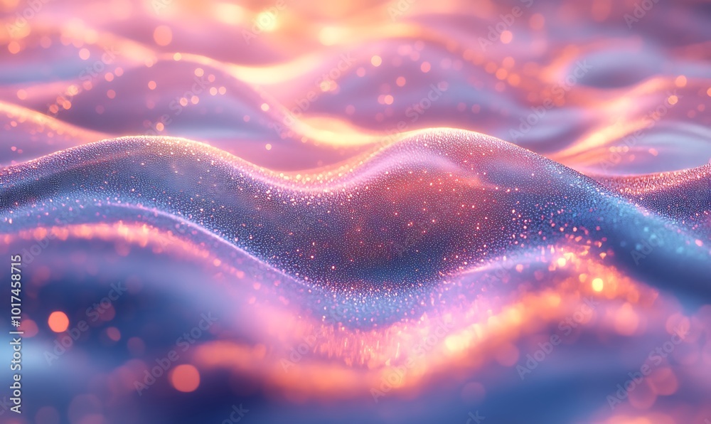 A vibrant, shimmering wave-like surface illuminated with soft light and sparkles, creating an ethereal and dreamy atmosphere. A vibrant, shimmering wave-like surface illuminated with soft light and sparkles, creating an ethereal and dreamy atmosphere.