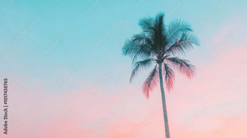 Silhouetted palm trees stand tall against a dramatic sunset, casting shadows in a peaceful coastal setting
