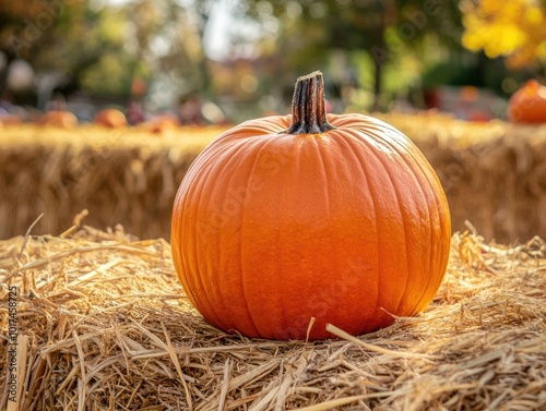 Pumpkin on hay bales festive holiday decoration autumn market harvest time copy space