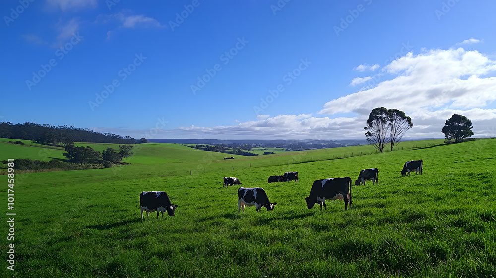 A group of black and white dairy cows grazing peacefully on a lush green field under a bright blue sky. A group of black and white dairy cows grazing peacefully on a lush green field under a bright blue sky.
