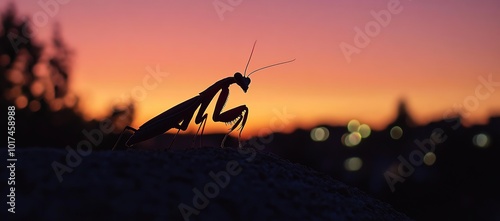 Silhouette of a praying mantis at dusk photo