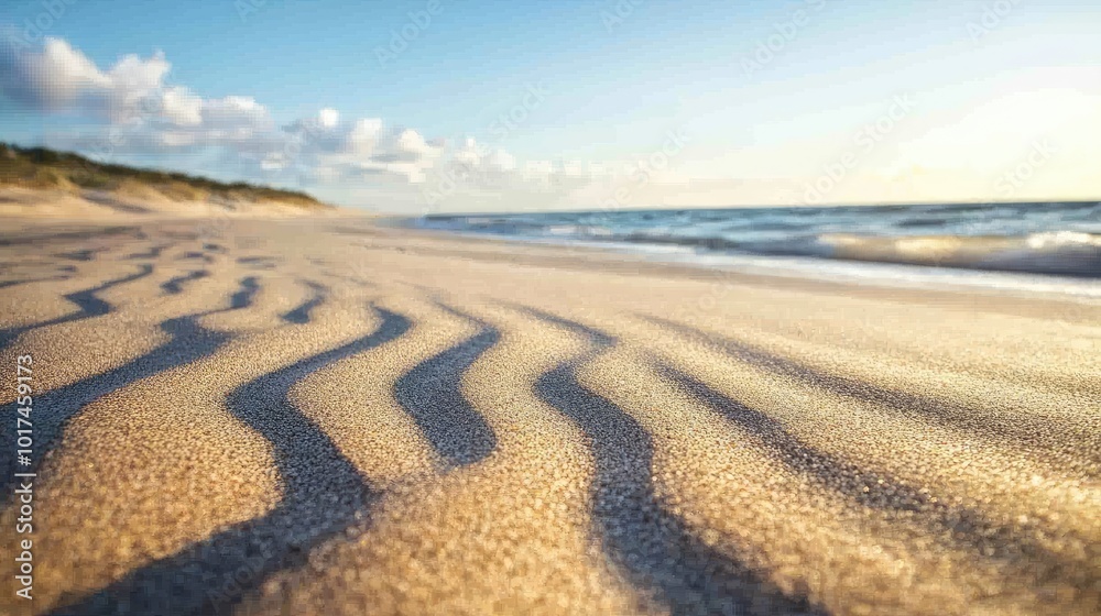 Naklejka premium Calm Waves and Gentle Sand Patterns at Sunset