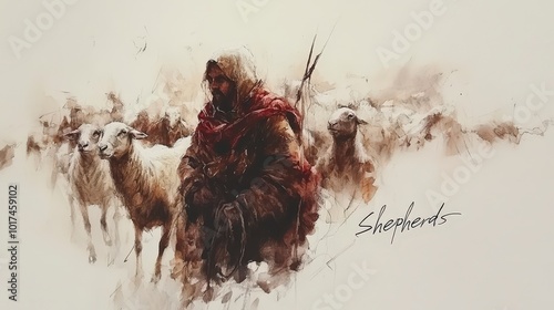 Traditional shepherd surrounded by flock of sheep in abstract artwork