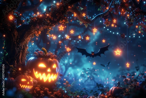 Glowing jack-o-lanterns and stars hang from a gnarled tree, with a bat flying through the night. AI generative. . photo