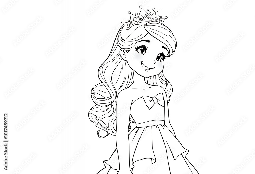 Beautiful Princess Girl in a Dress with Crown, Outline for Coloring Book Beautiful Princess Girl in a Dress with Crown, Outline for Coloring Book