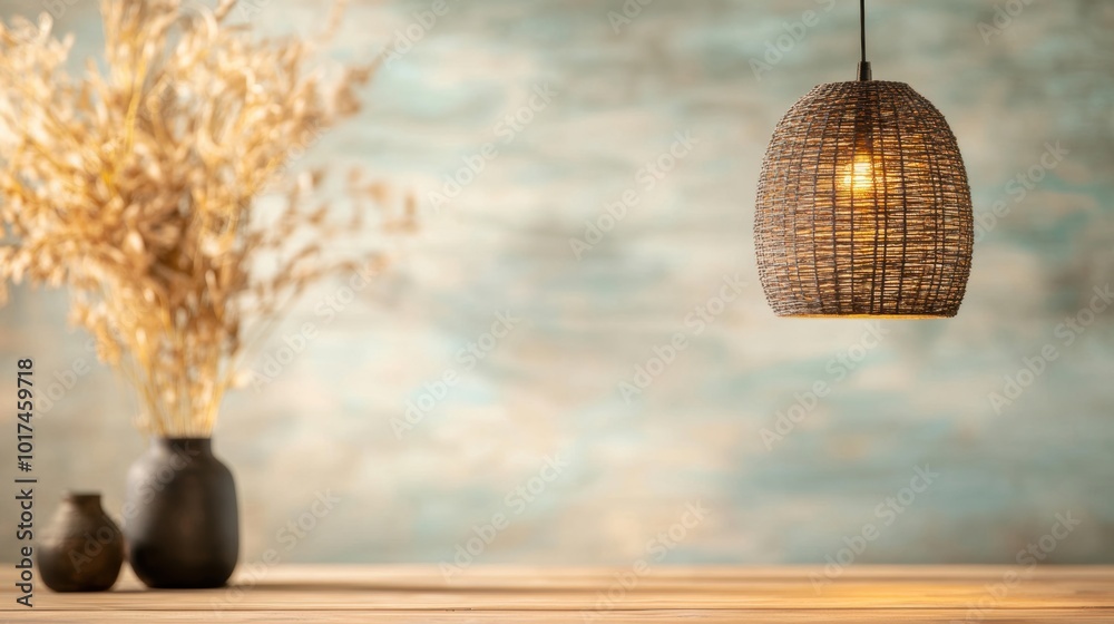 Obraz premium A warm light pendant casts a gentle glow over a wooden surface, highlighting decorative vases and dried flowers in a serene environment