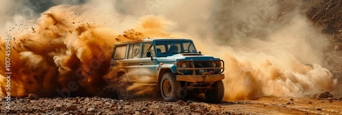 A blue 4x4 truck kicks up a cloud of brown dust on a dirt road. AI generative. . photo