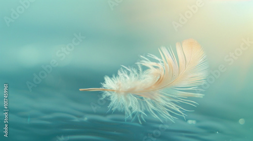 Feather peacefully drifting on serene water surface, reflecting soft sunlight. photo