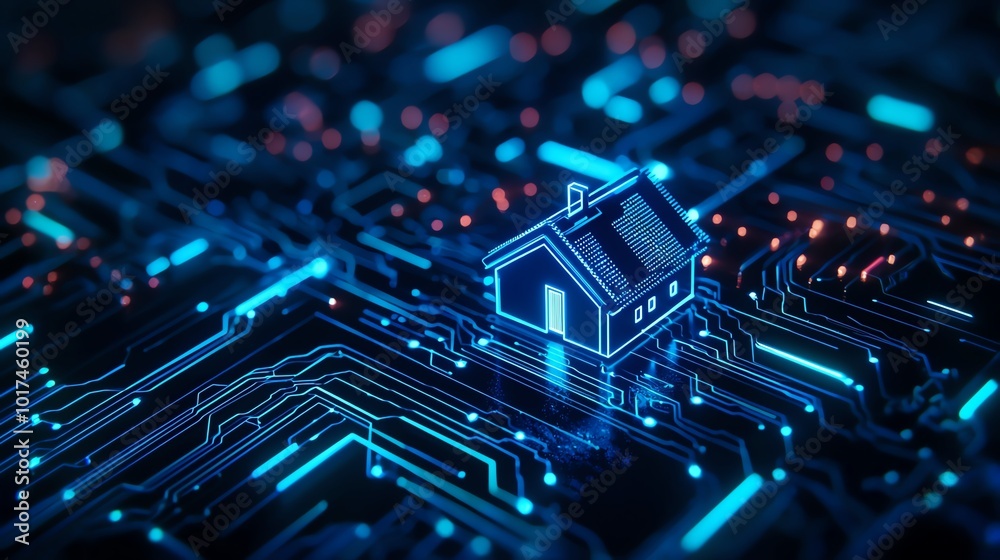 Fototapeta premium A futuristic house icon illuminated on a circuit board, representing digital innovation and smart home technology.