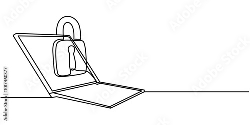 continuous one single line drawing of laptop and padlock with keys on screen as business concept of cyber security, Continuous one line drawing of laptop with padlock on screen. Personal information