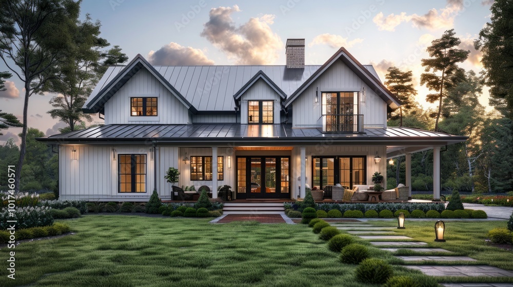 custom made wallpaper toronto digitalA modern white farmhouse with a large front porch and lush green landscaping. AI generative. .