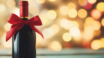 A beautifully wrapped wine bottle adorned with a red bow sits elegantly, making it an ideal gift for holiday festivities or celebrations