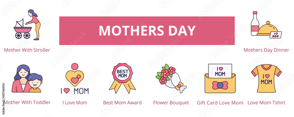 Mothers Day Lineal Color Banner Web Icon Set Vector Illustration, Mother With Stroller Toddler I Love Mom Best Mom Award Flower Bouquet Gift Card T shirt Dinner Mothers Day Lineal Color Banner Web Icon Set Vector Illustration, Mother With Stroller Toddler I Love Mom Best Mom Award Flower Bouquet Gift Card T shirt Dinner