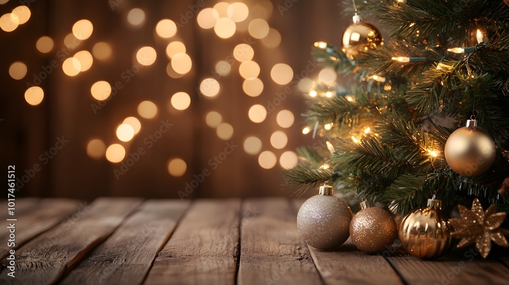 Christmas Tree Ornaments on Rustic Wooden Table with Blurry Lights Christmas Tree Ornaments on Rustic Wooden Table with Blurry Lights