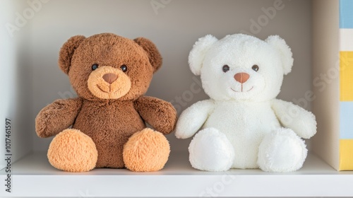 Two plush teddy bears, one brown and one white, are placed side by side on a shelf, adding charm and warmth to the room