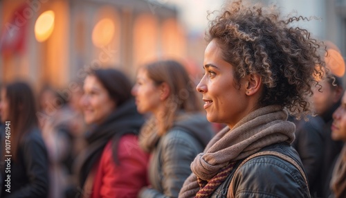 Smiling woman with curly hair at an outdoor event surrounded by people in warm lighting